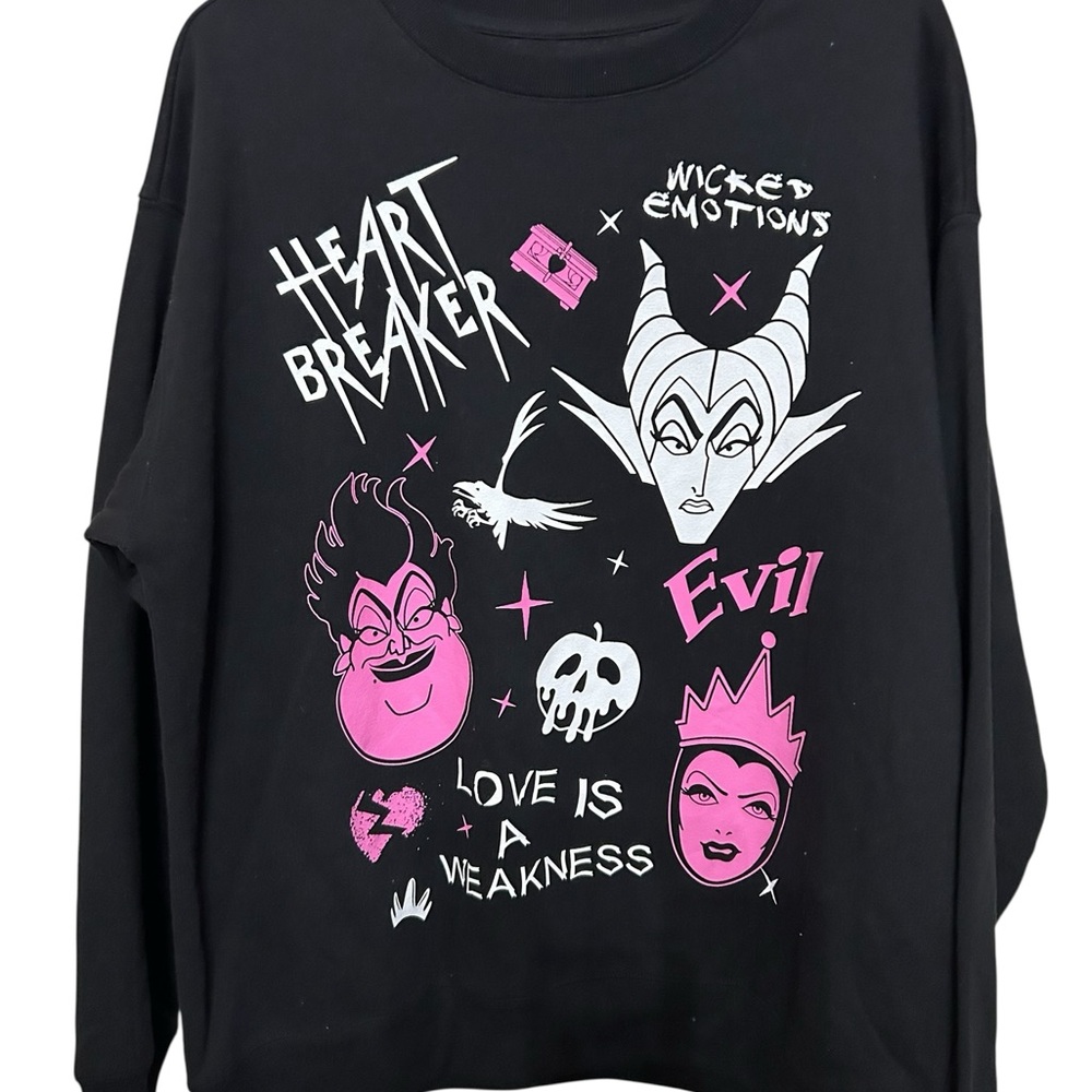 Disney Villains Edgy Black Sweater with Pink Graphic Design sz 18/20 ptp 24”